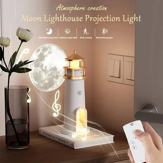 Moon Lighthouse Projection Light Multifunction Motion Sensor Night Light Dimmable Bluetooth Music Magnetic Creative Camping Lamp