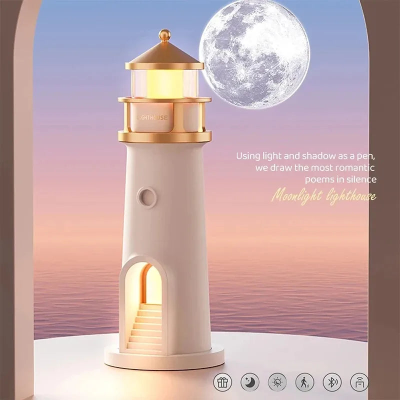 Moon Lighthouse Projection Light Multifunction Motion Sensor Night Light Dimmable Bluetooth Music Magnetic Creative Camping Lamp